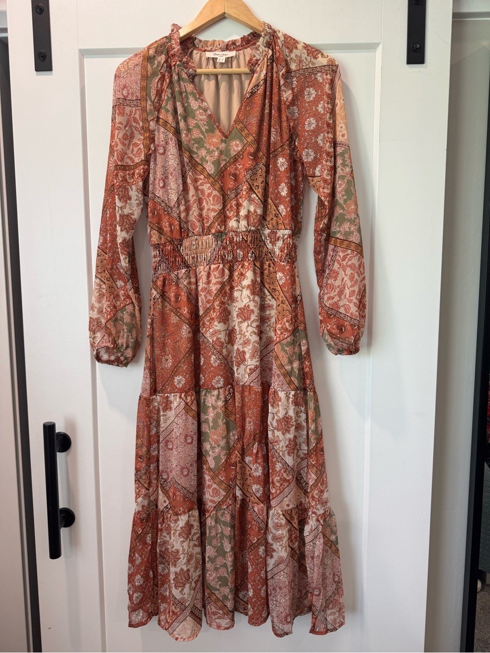 Boho Patchwork Long-Sleeve Maxi Dress in Rust & Sage
